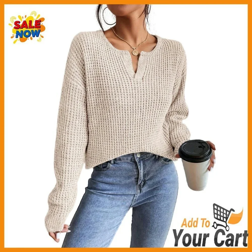 Women's V-Neck Pullover Sweater Drop Shoulder Long Sleeve Lightweight